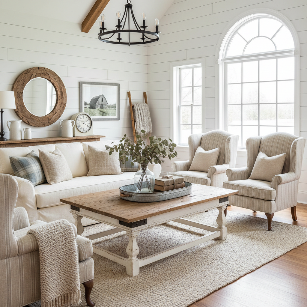Image of furniture pieces and decor items suited for farmhouse style