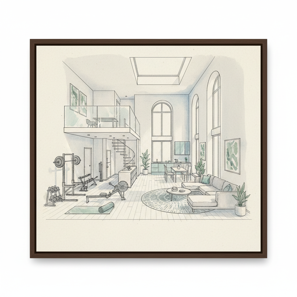 Show a sketch of a loft layout with fitness equipment.