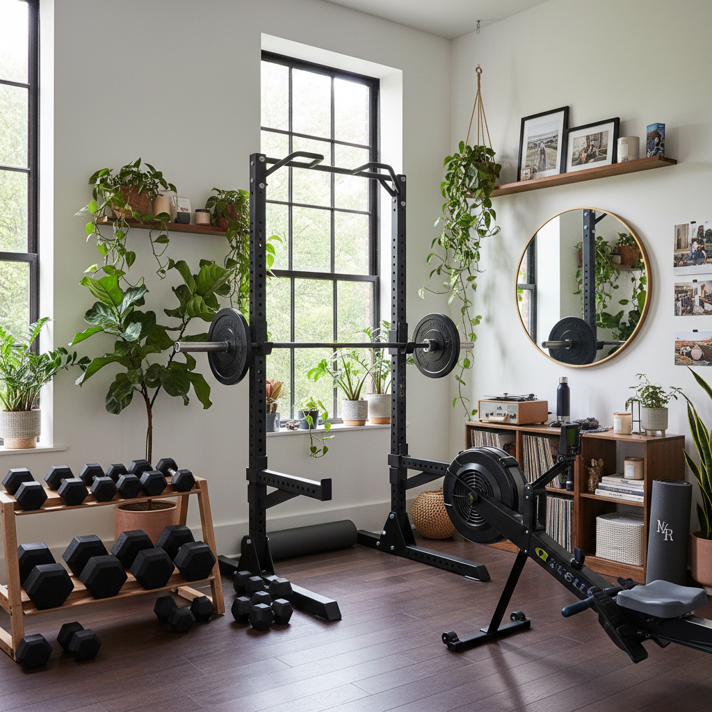 Show a completed home gym with personal touches and plants.