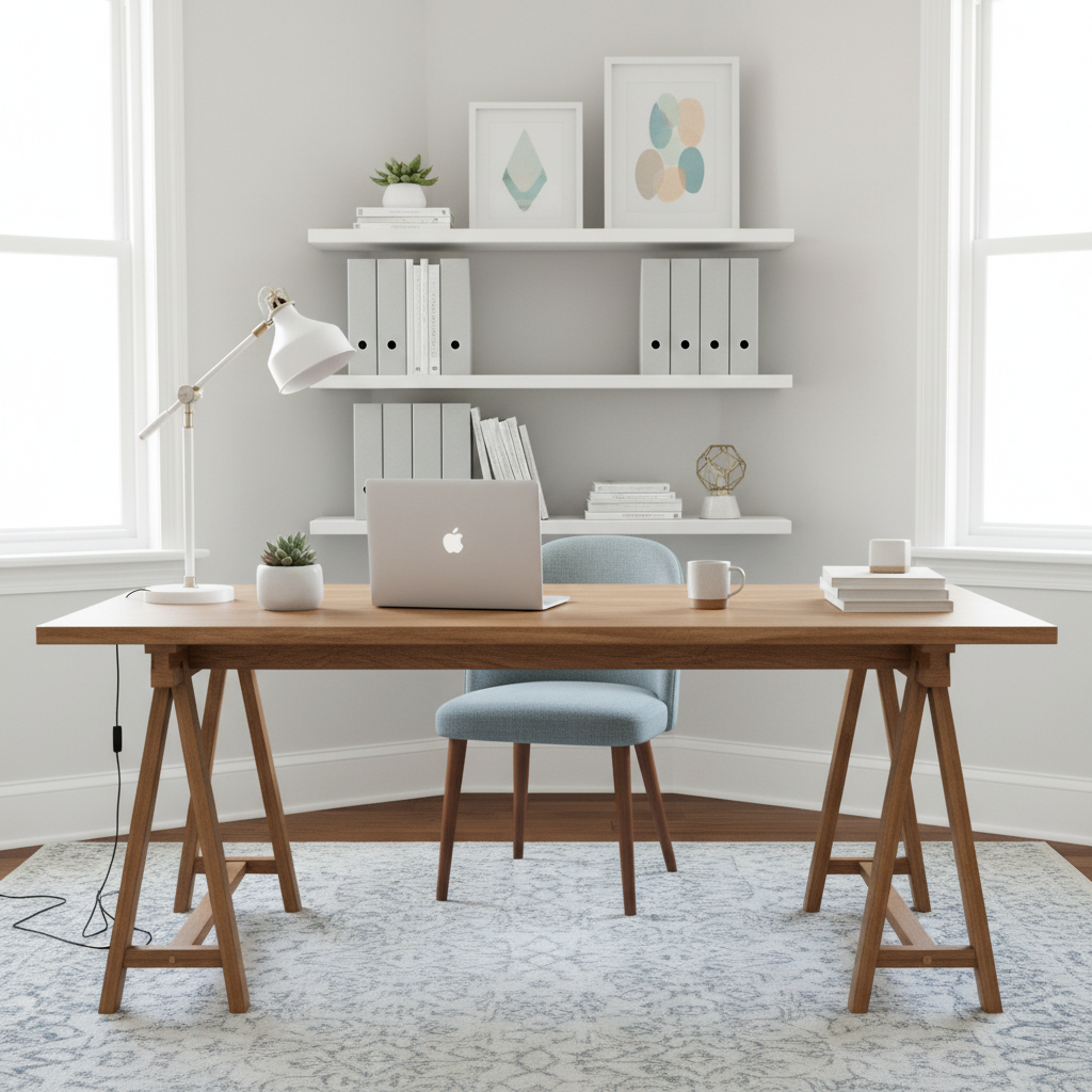 Before and after decluttering a home office space.