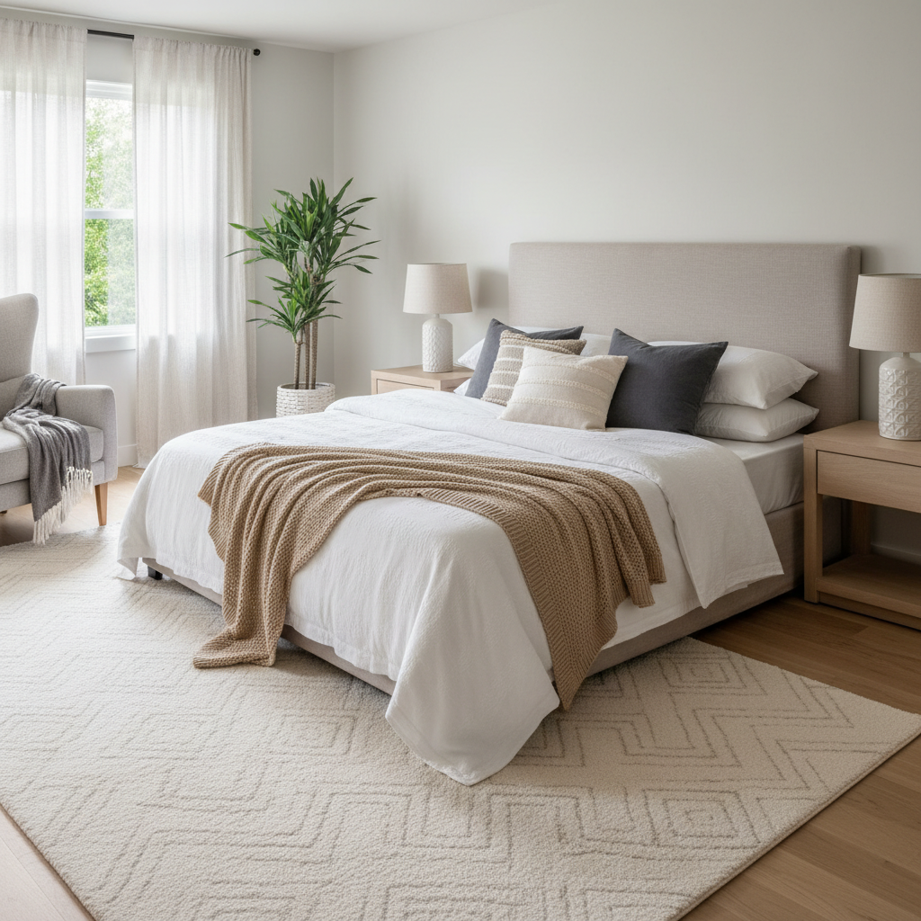 Staged bedroom showcasing soft textiles and neutral colors.