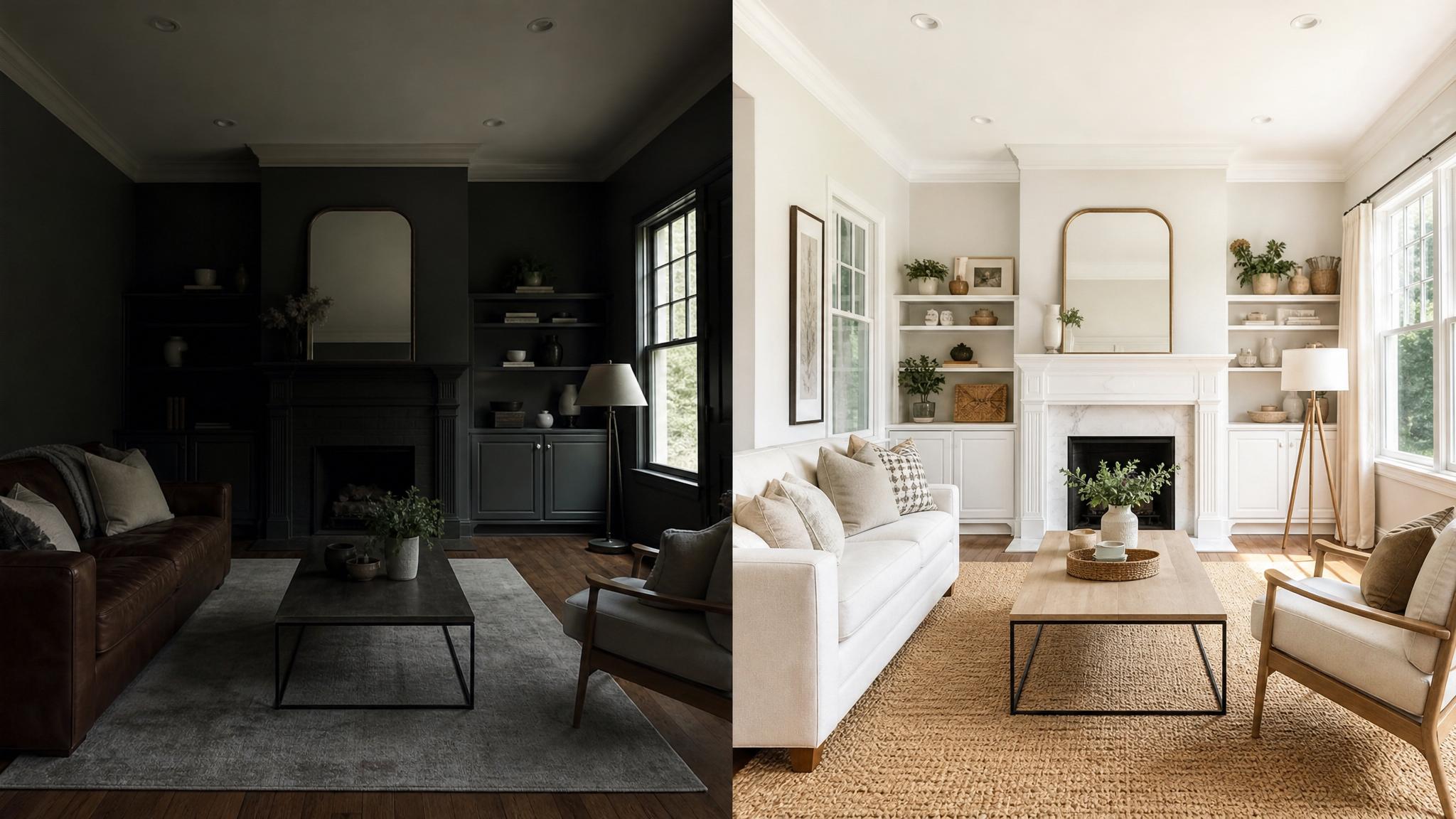 Before and after of a dark living room transformed into a bright space