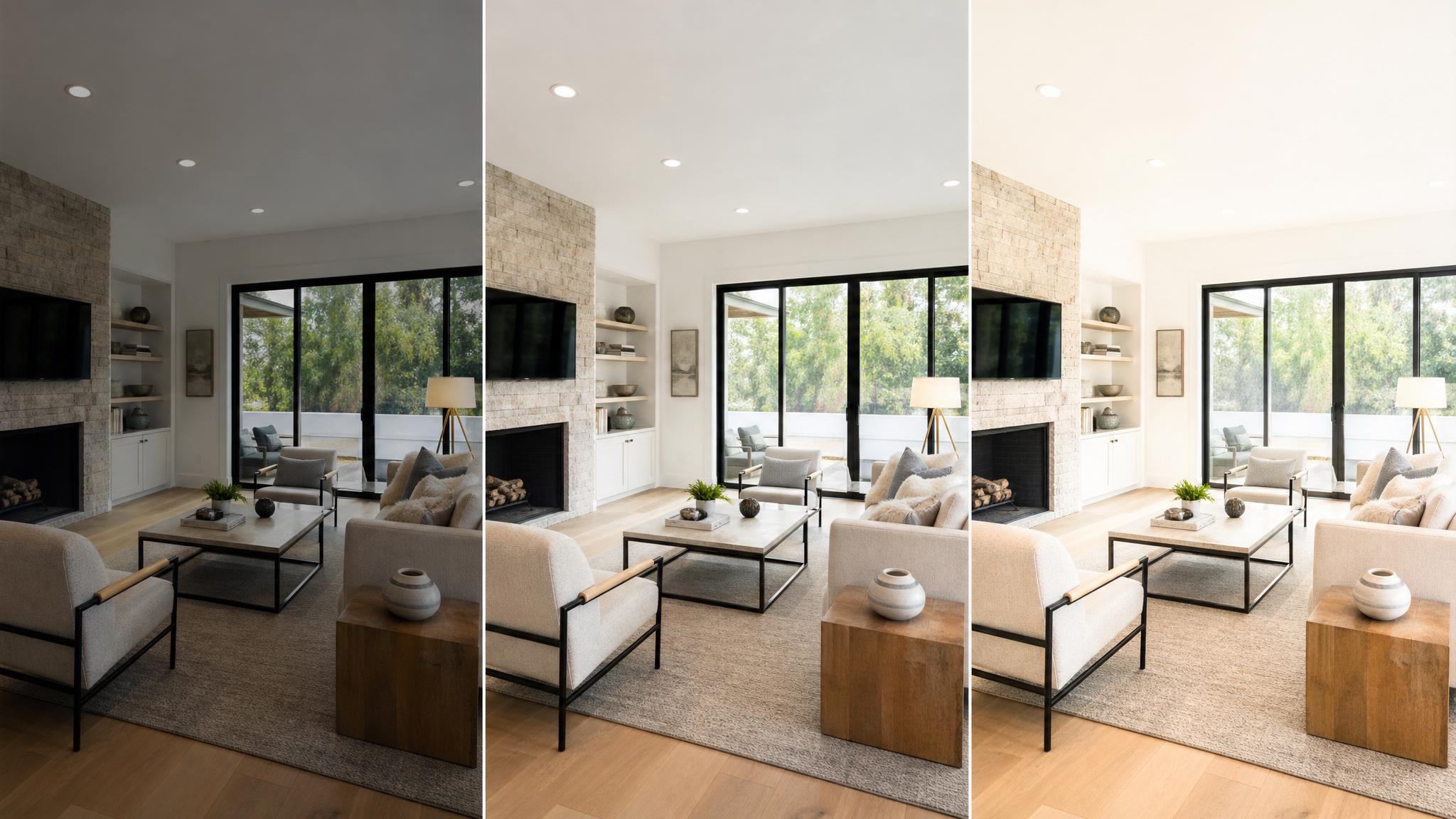 Comparison of different camera settings affecting living room brightness
