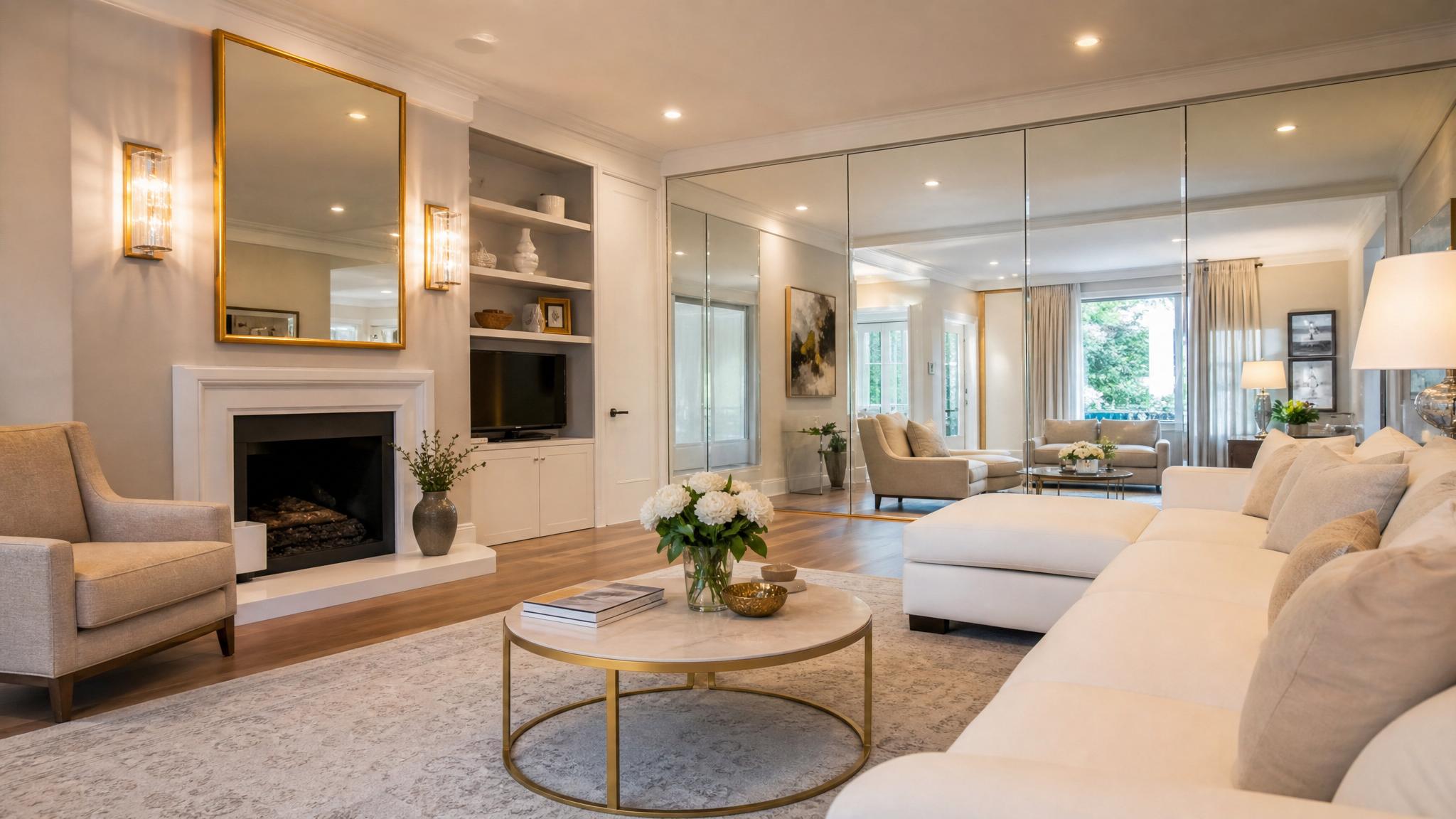 Living room with mirrors enhancing brightness and space