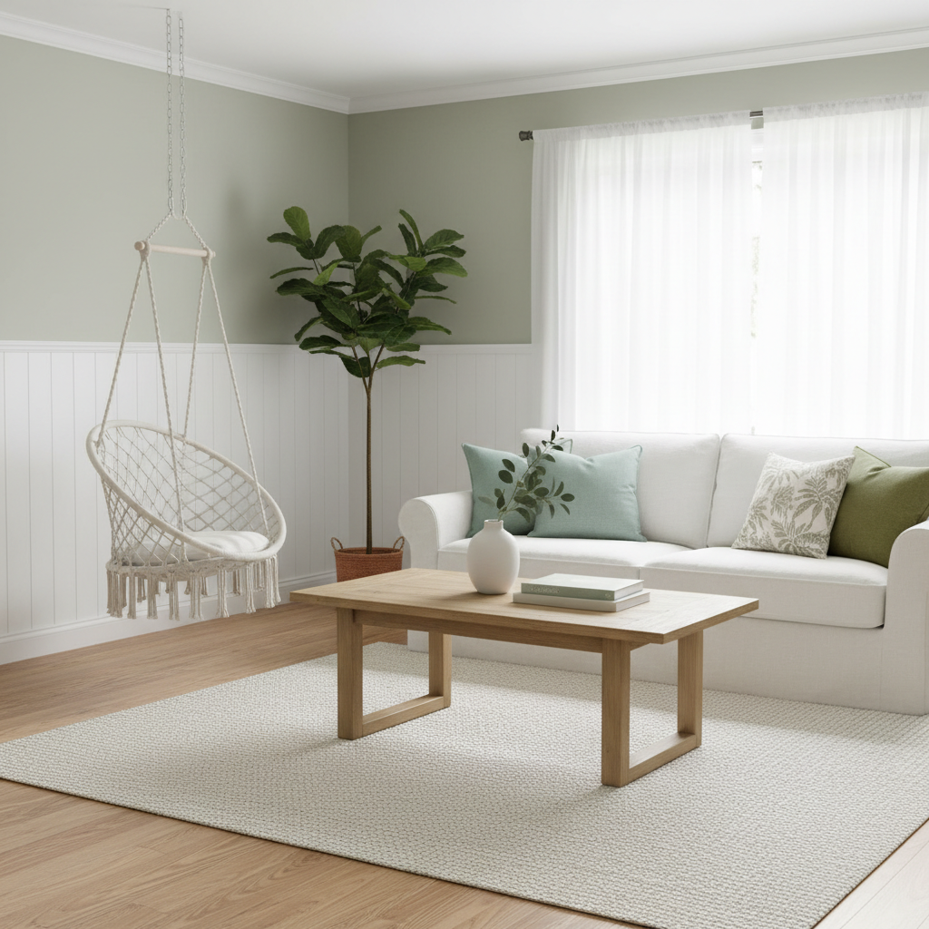 A color palette featuring calming colors like soft greens and whites suitable for zen design.