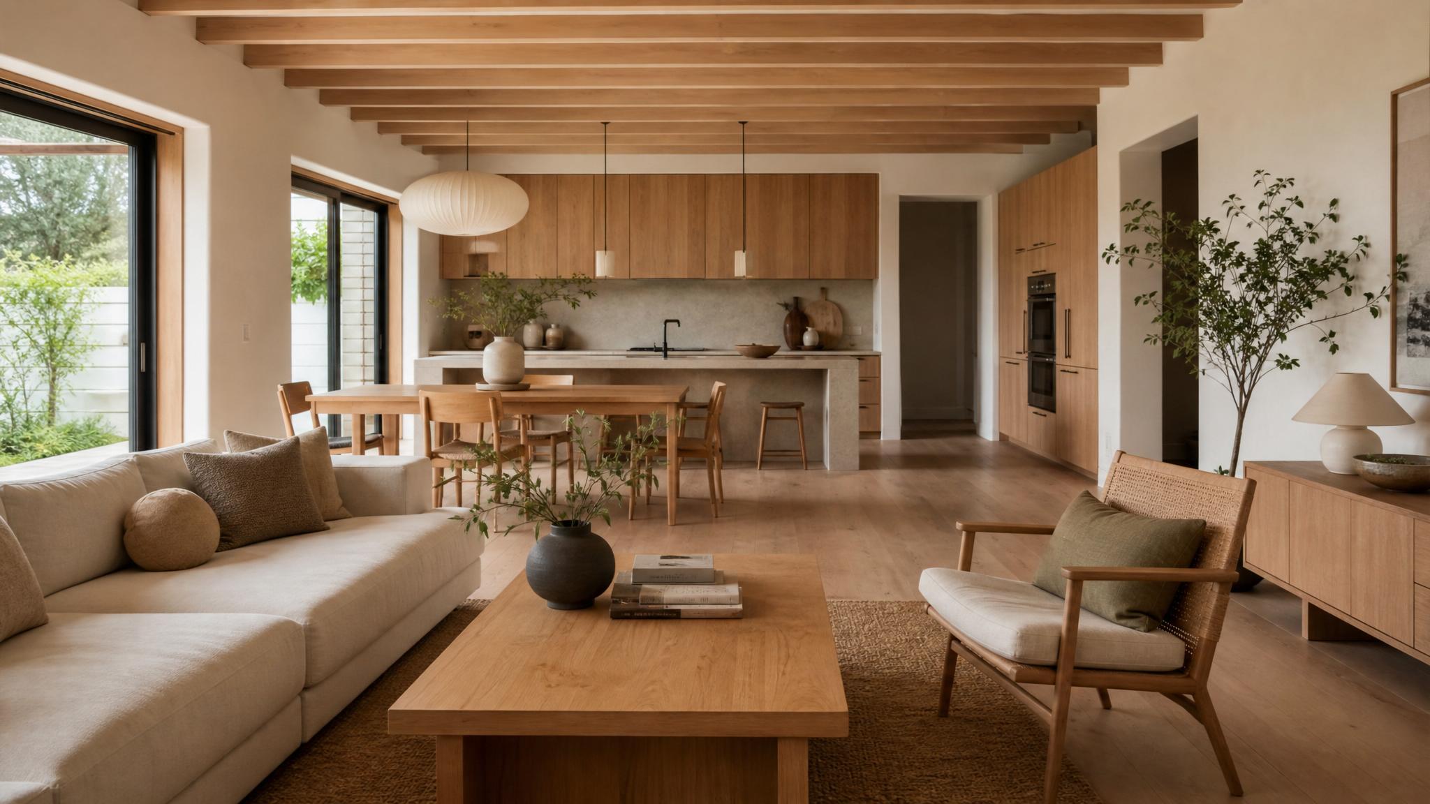 Image of a cozy Japandi open-plan living room showcasing natural materials and neutral colors.