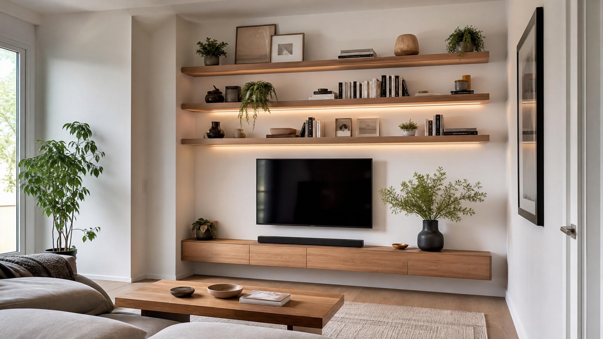 Image demonstrating effective use of vertical space with wall-mounted shelves in a small living room.