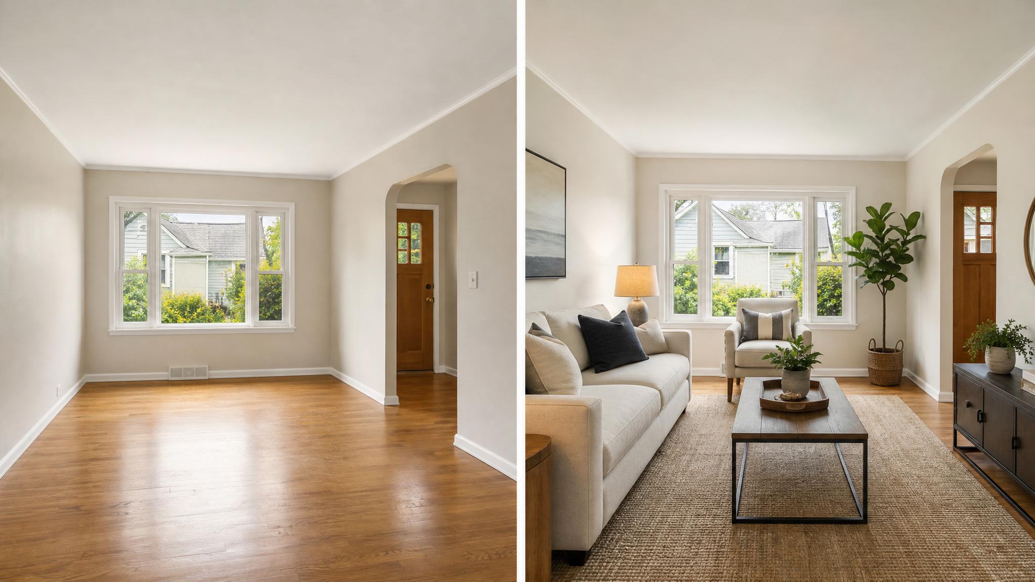 A before and after image of a staged small living room.