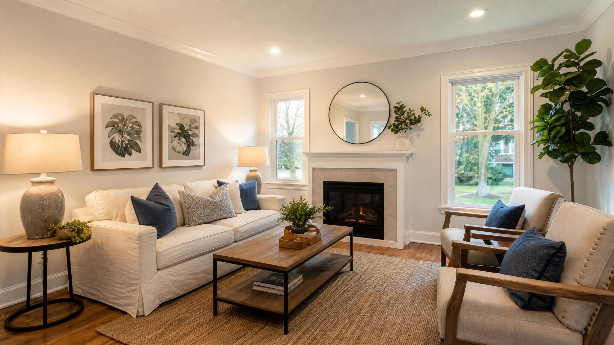 A small living room that utilizes strategic staging techniques.