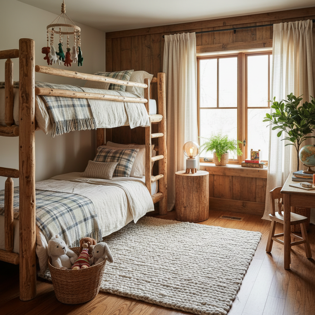 Example of a rustic kids' bedroom showcasing wooden furniture and natural elements.