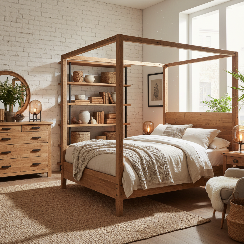 Rustic furniture examples including a reclaimed wooden bed and storage units.