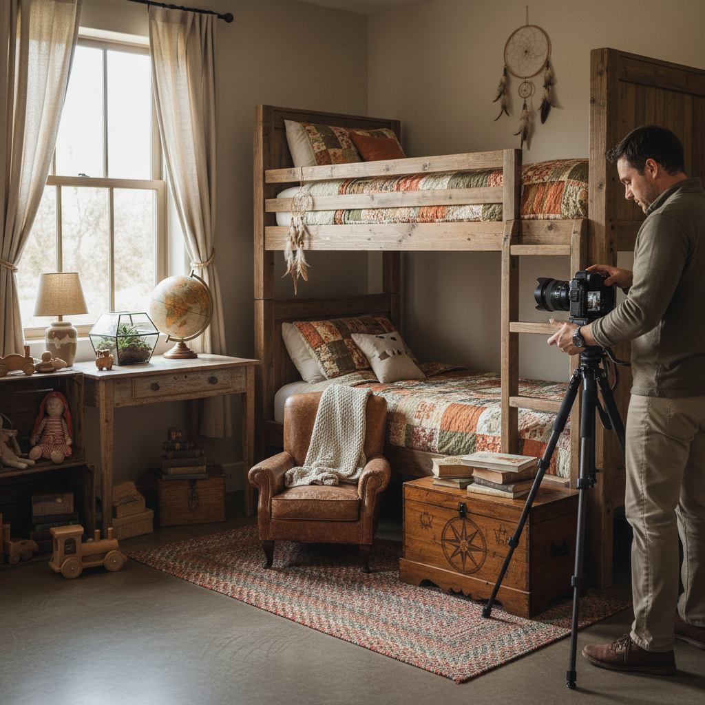 Real estate photographer capturing a rustic kids' bedroom with a focus on details.