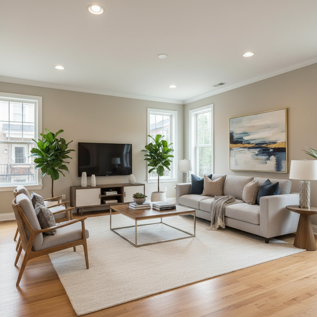 Example of virtually staged townhouse interior showcasing a stylish living room.