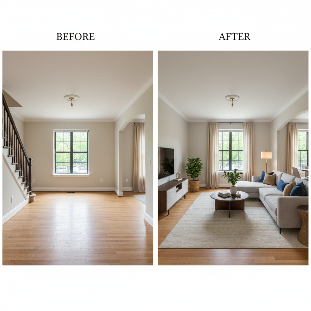 Before and after images of a townhouse with and without virtual staging.