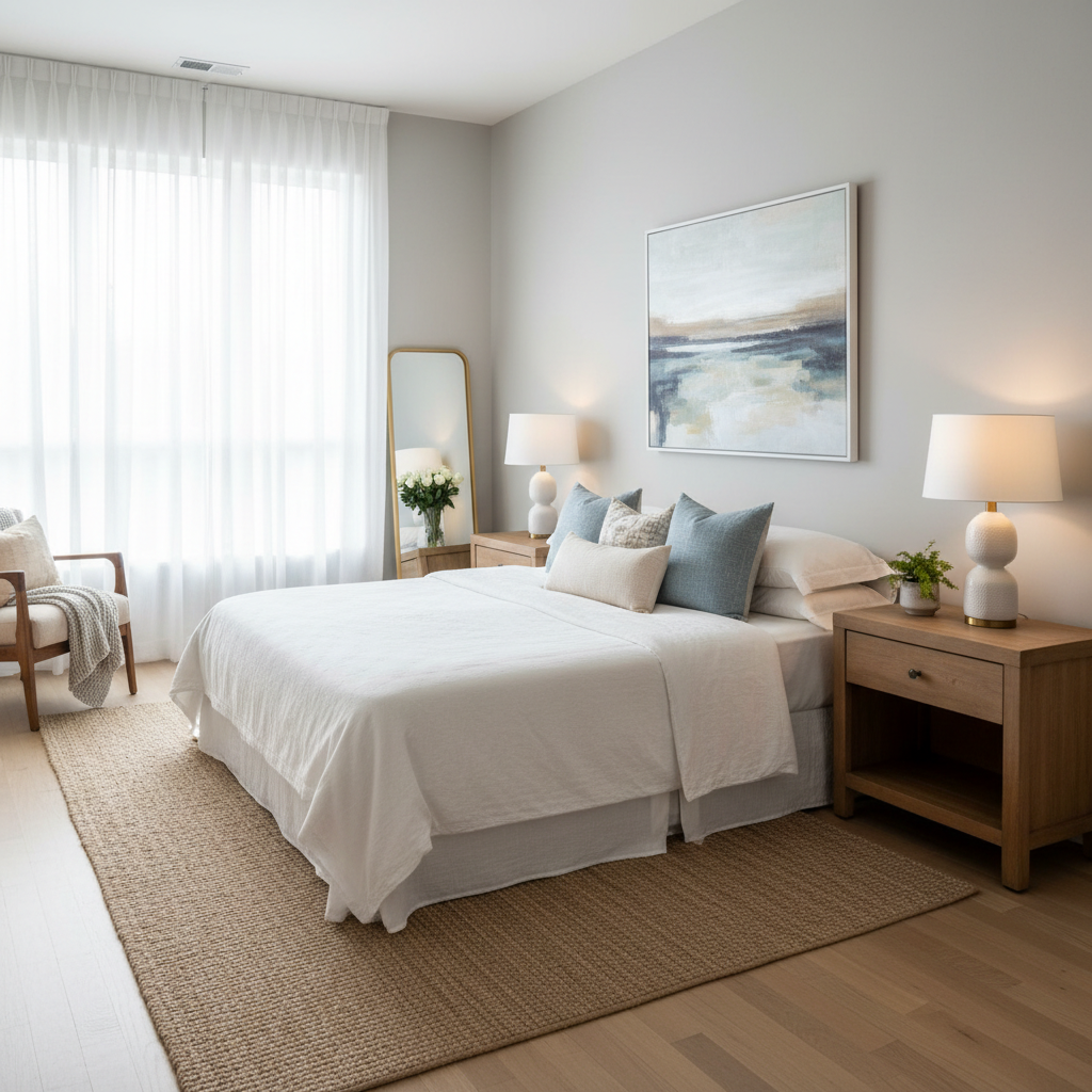 Beautifully staged guest bedroom with natural light