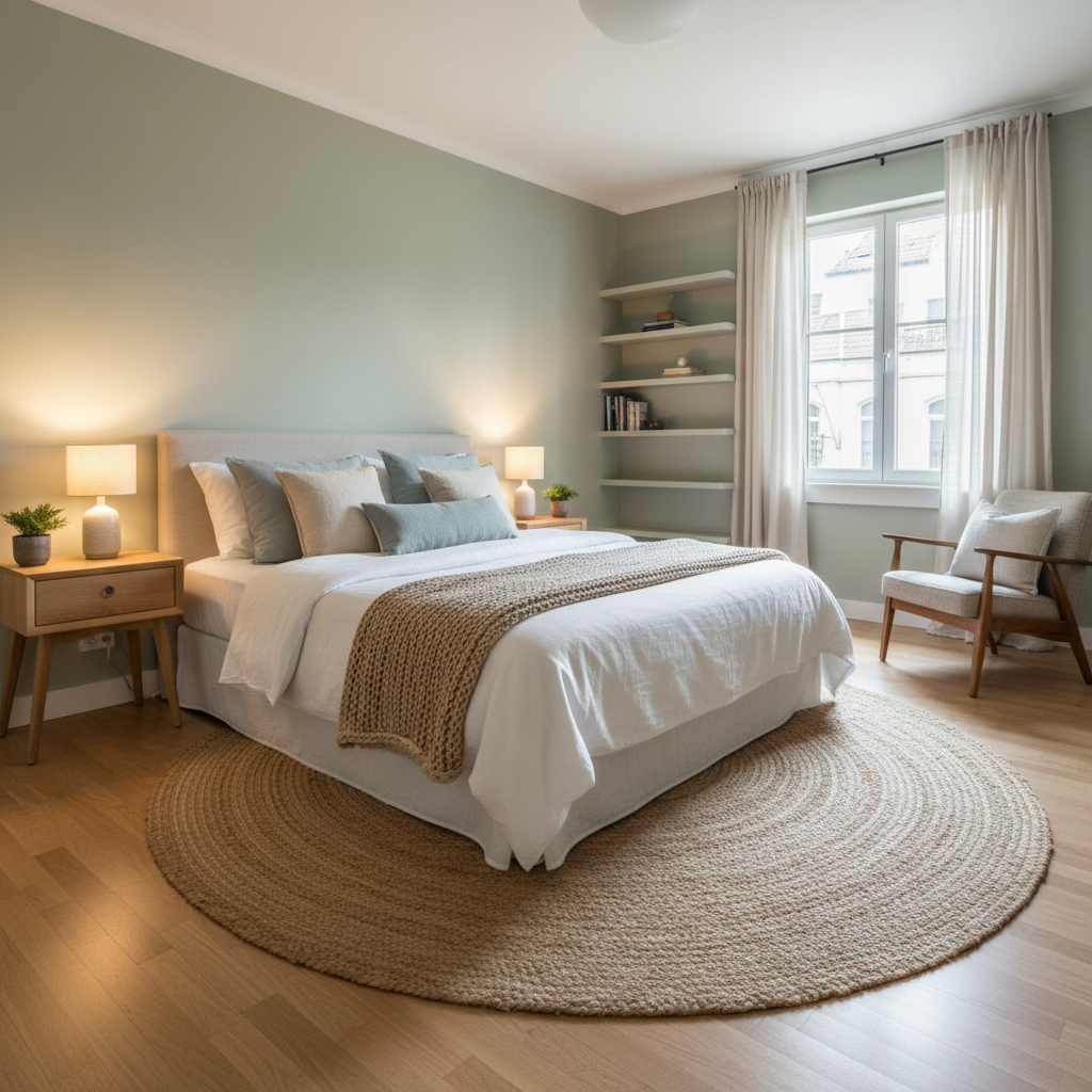 Cozy, clutter-free guest bedroom with wide-angle view