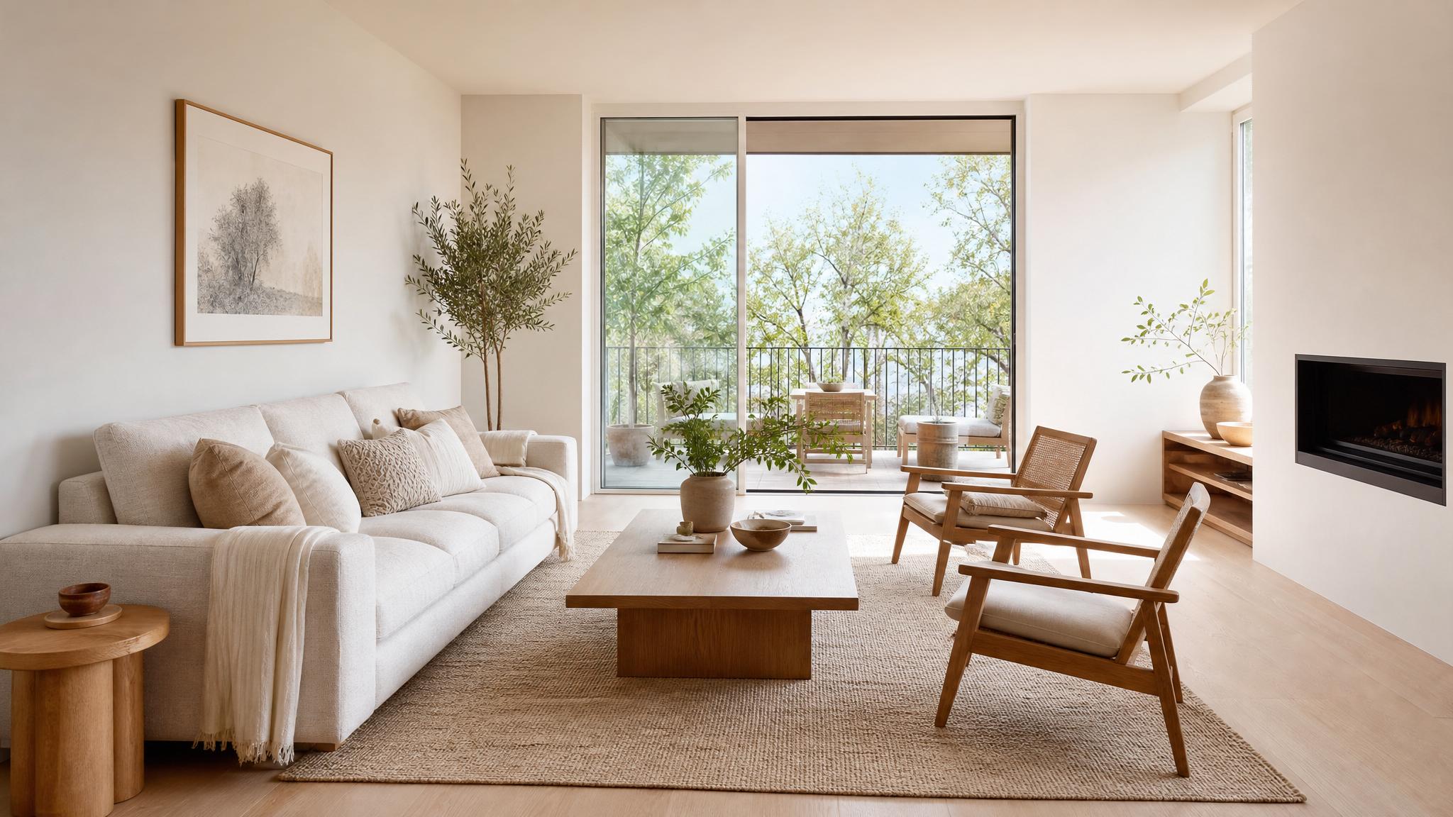 Scandinavian-style minimalist living room with light wood furniture.