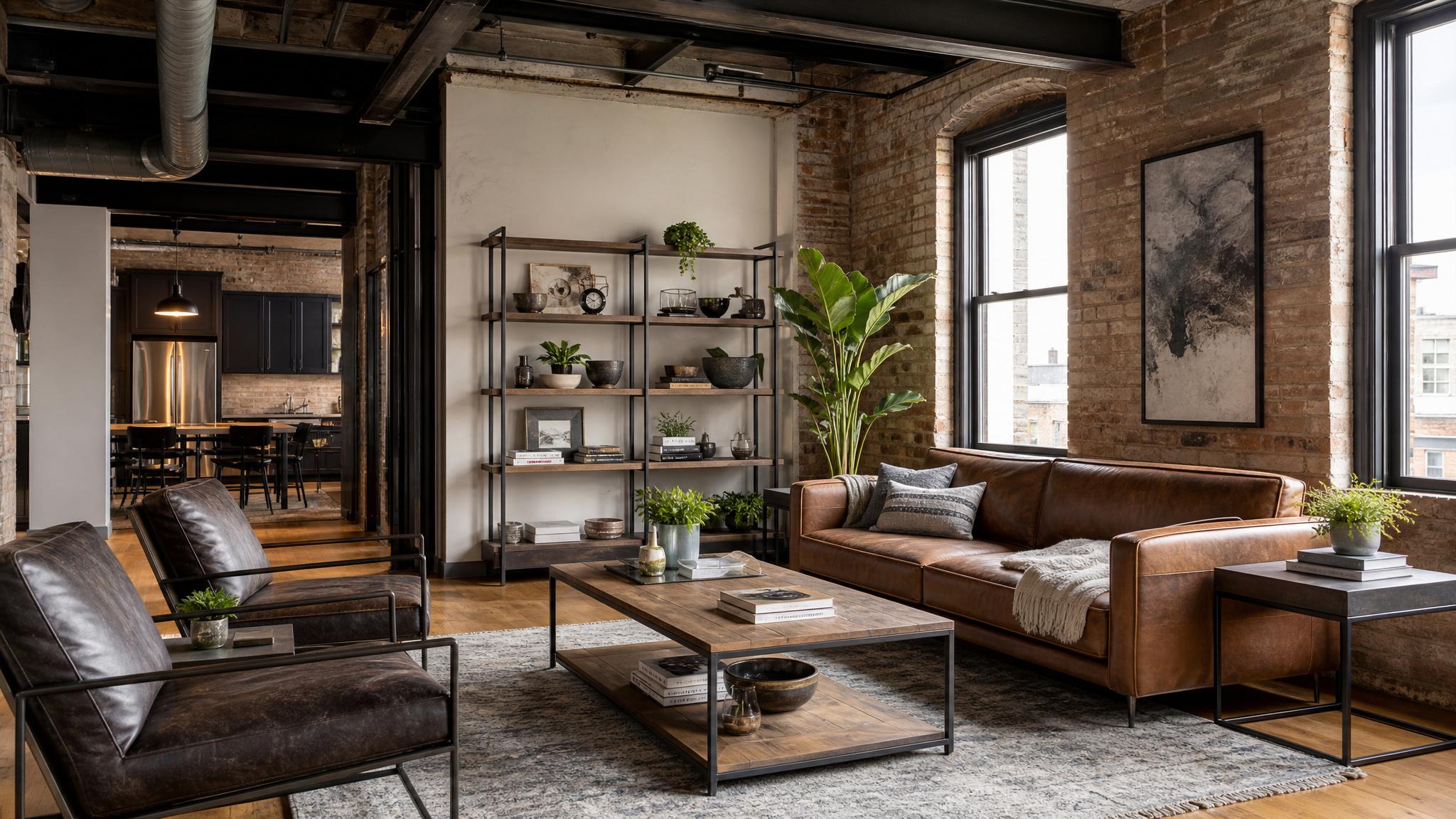 Industrial loft-style living room with metal and wood furniture.