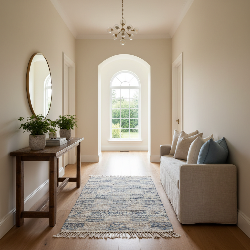 An inviting hallway with natural light and tasteful decor.