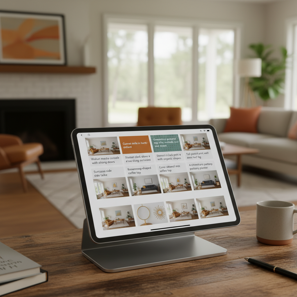 A screen showing AI-generated design prompts for a mid-century modern living room.