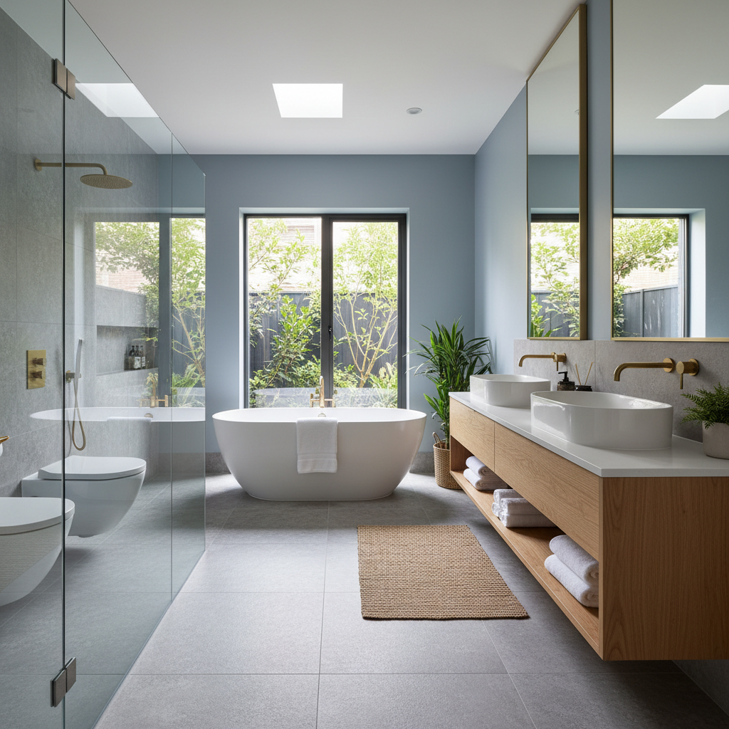 Wide angle shot of a well-staged bathroom showing its layout and fixtures.