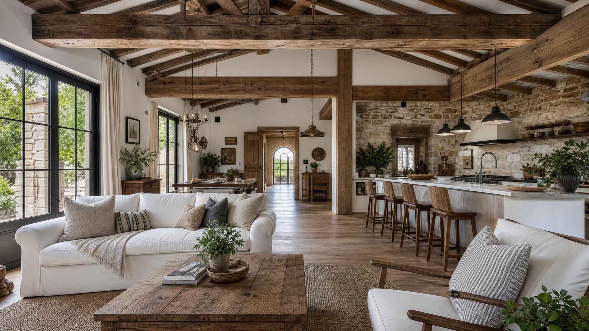 Image of a rustic open-plan living room with wooden beams and natural decor