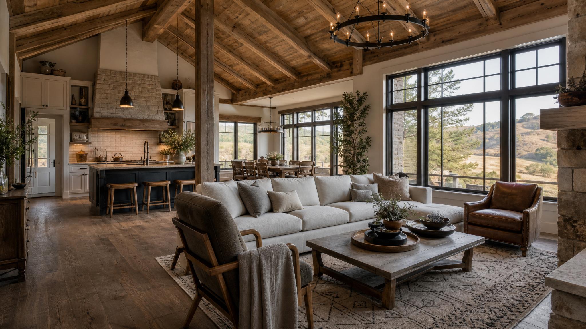 AI-generated design concepts for rustic open-plan living rooms