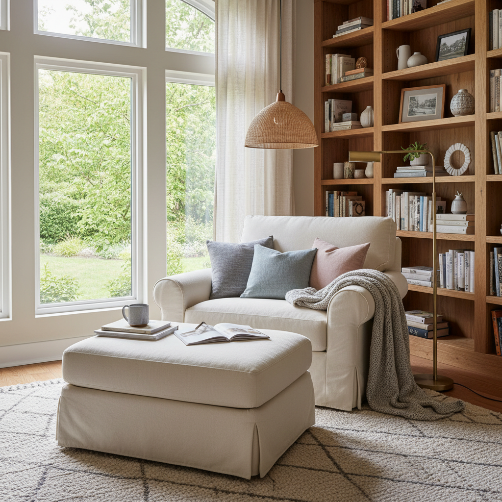 Cozy reading nook with soft lighting and plush furniture