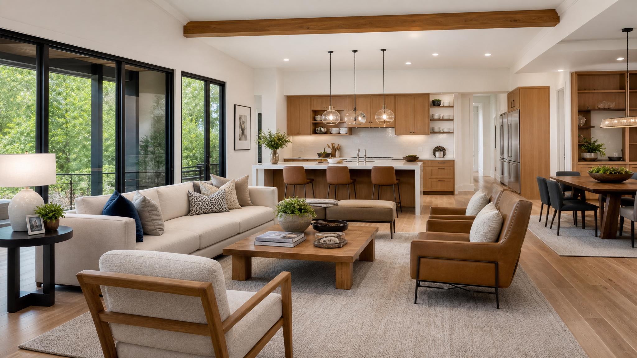 Open-plan living room design showcasing sleek furniture and neutral colors.
