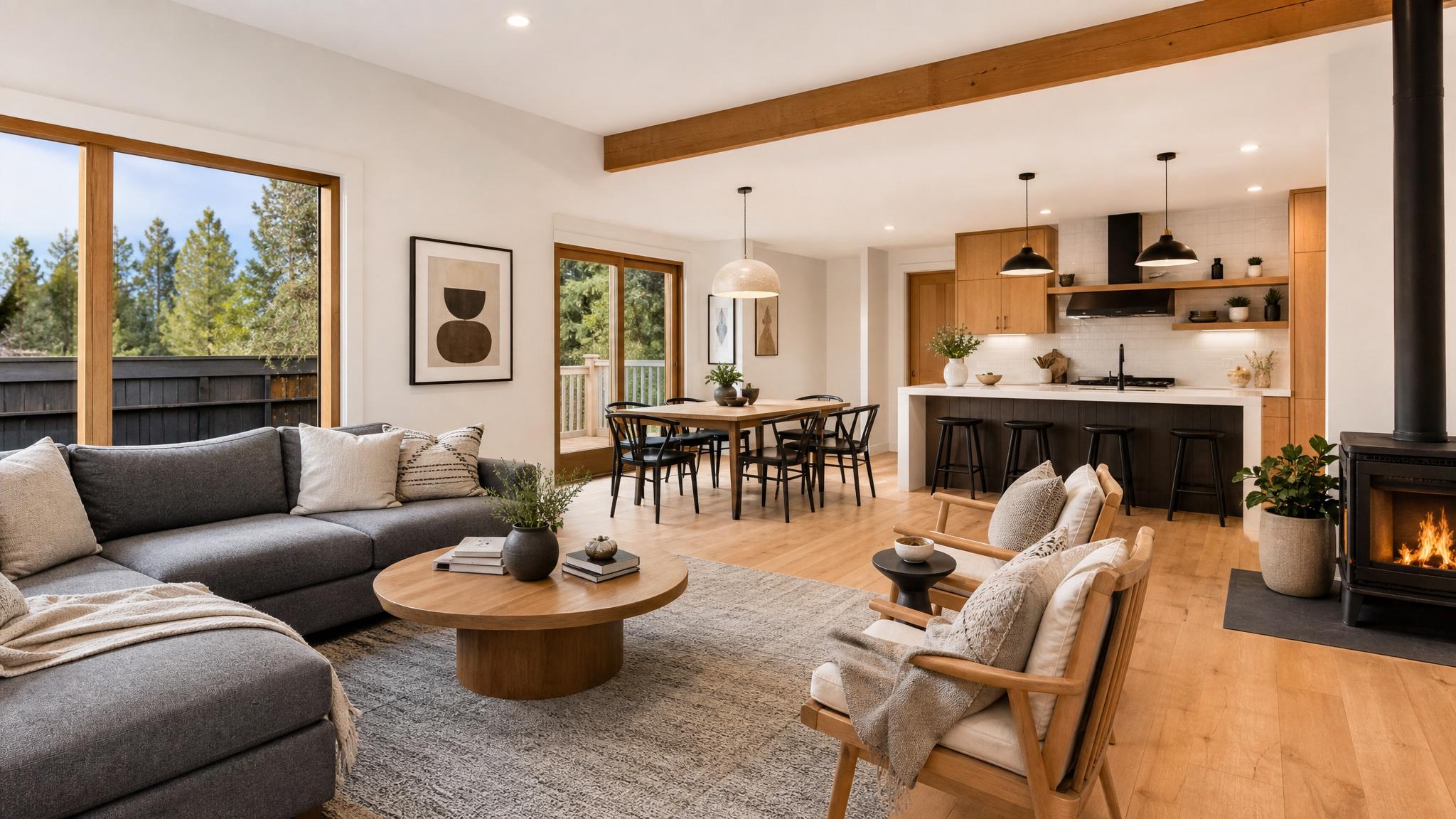 Scandinavian-style open-plan living room with wooden accents and soft textiles.