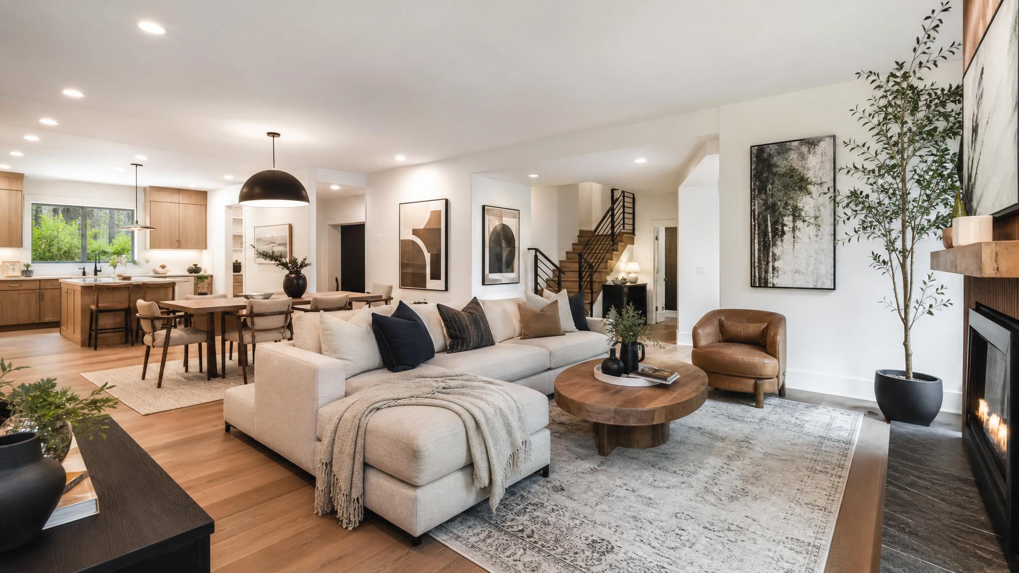 Contemporary open-plan living room adorned with art and plants.
