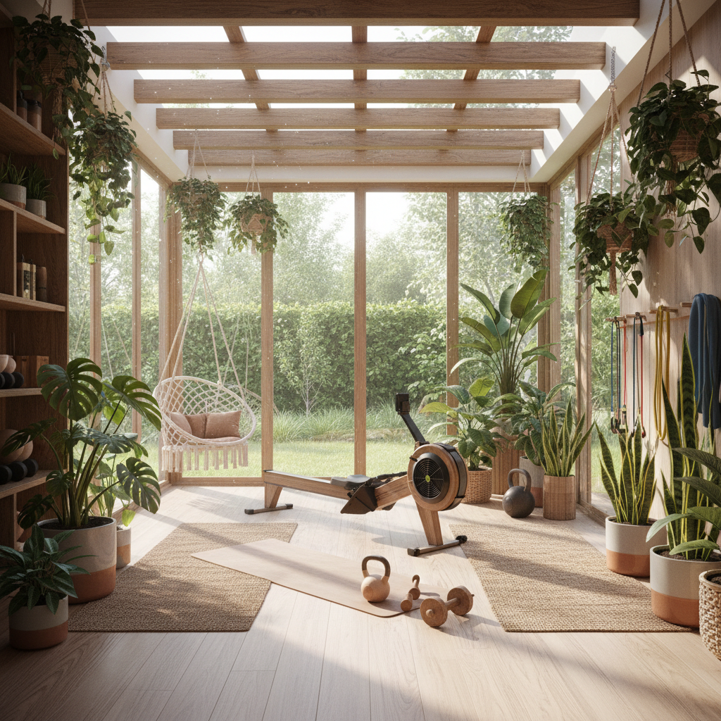 Image of a well-designed biophilic home gym with plants, natural light, and large windows.