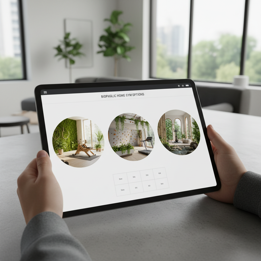 Image of AI design interface showing biophilic home gym options.