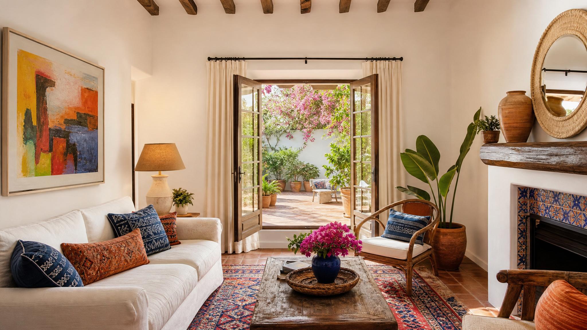 Show a small Mediterranean-inspired living room with bright colors and textiles.