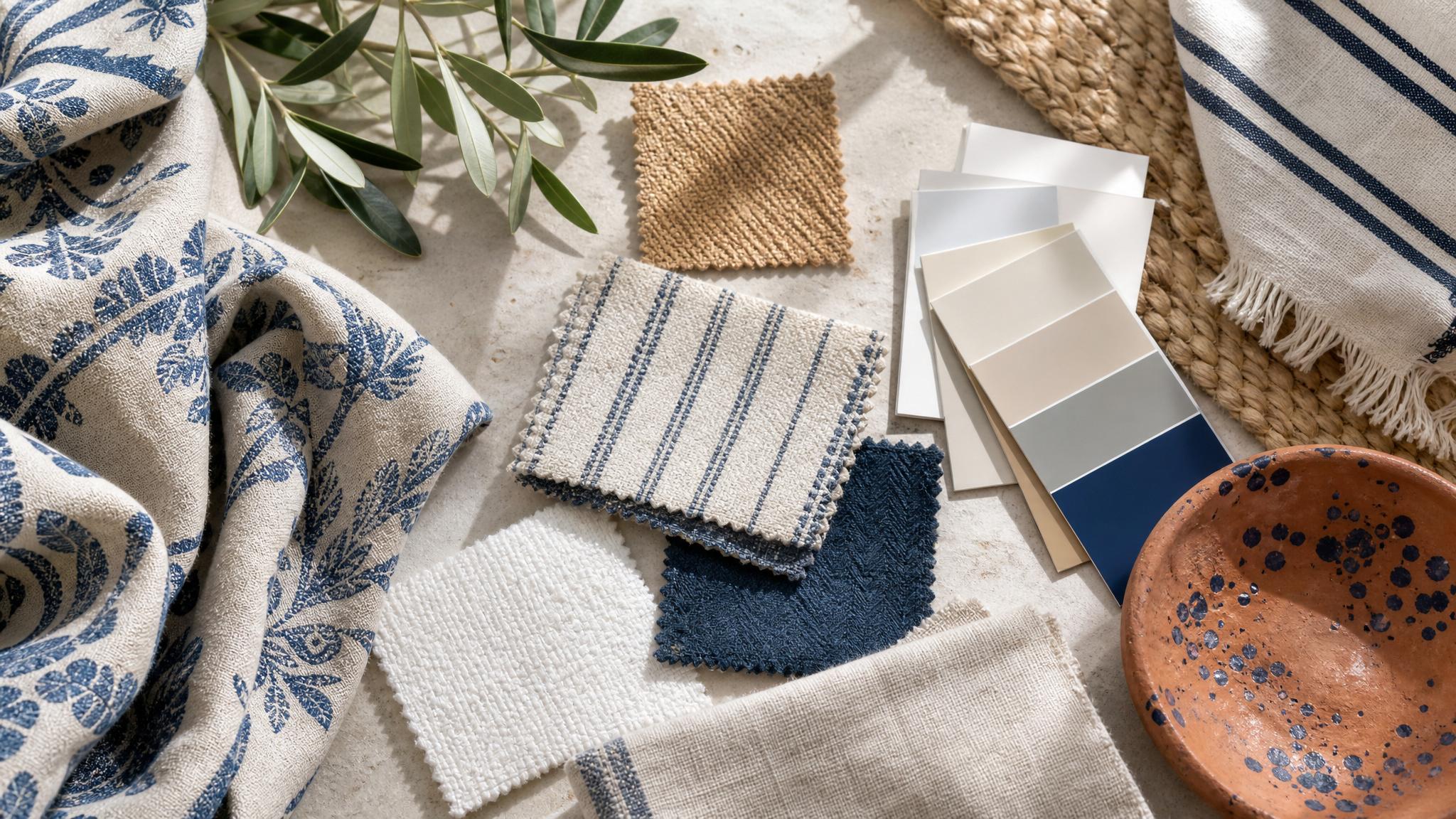 Display a selection of Mediterranean textiles and color swatches.