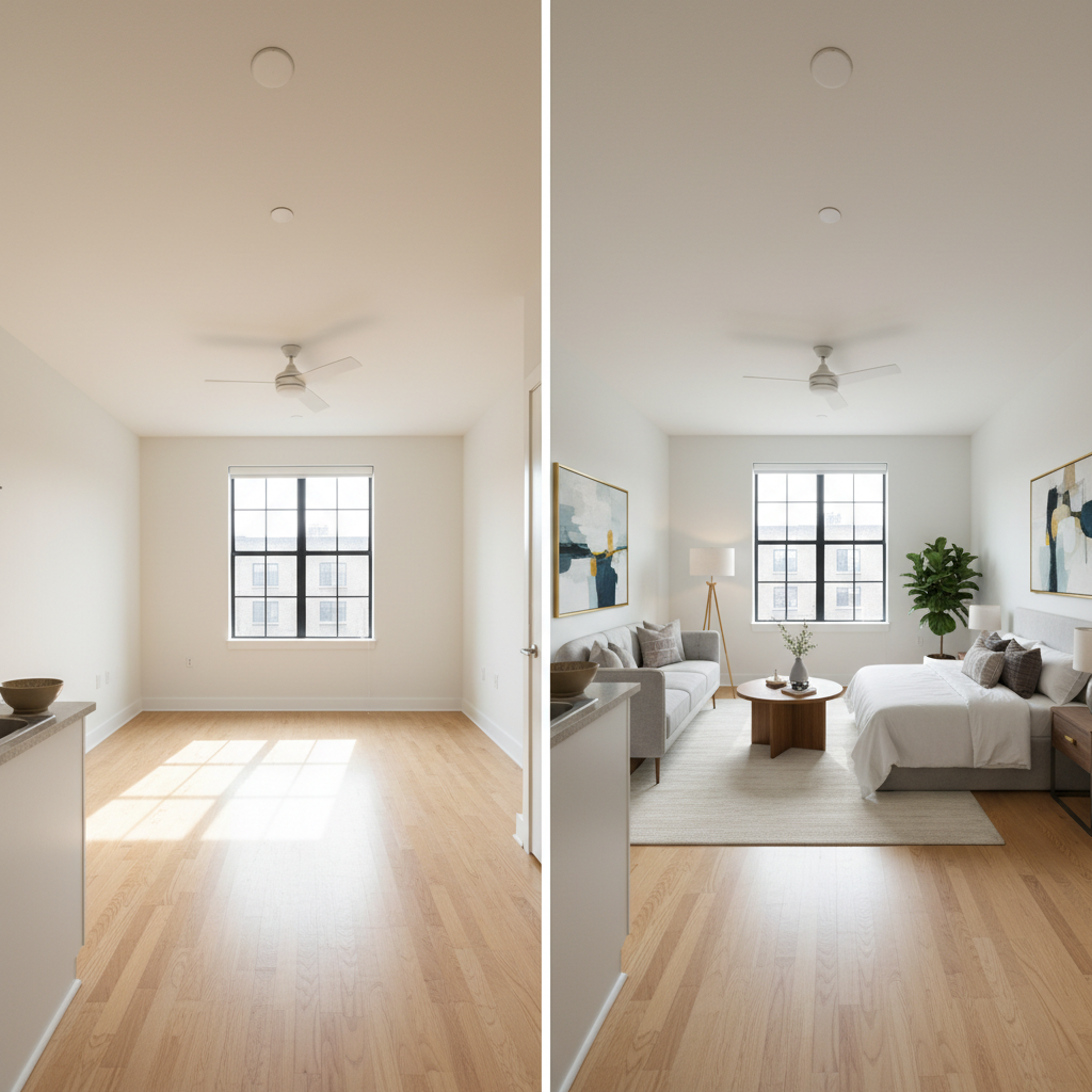 Show a side-by-side comparison of a vacant studio apartment and one that has been virtually staged.