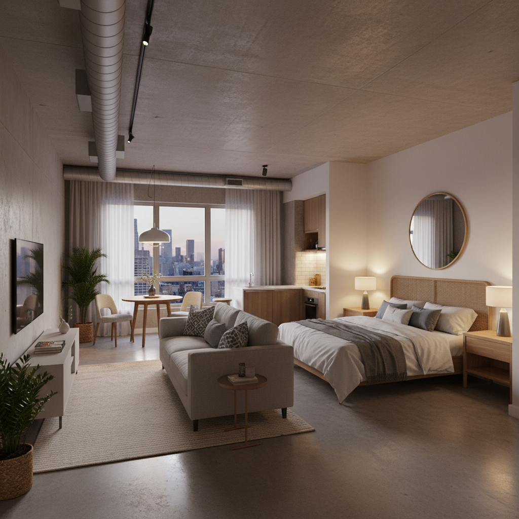 Illustrate a beautifully staged digital interior design of a studio apartment.