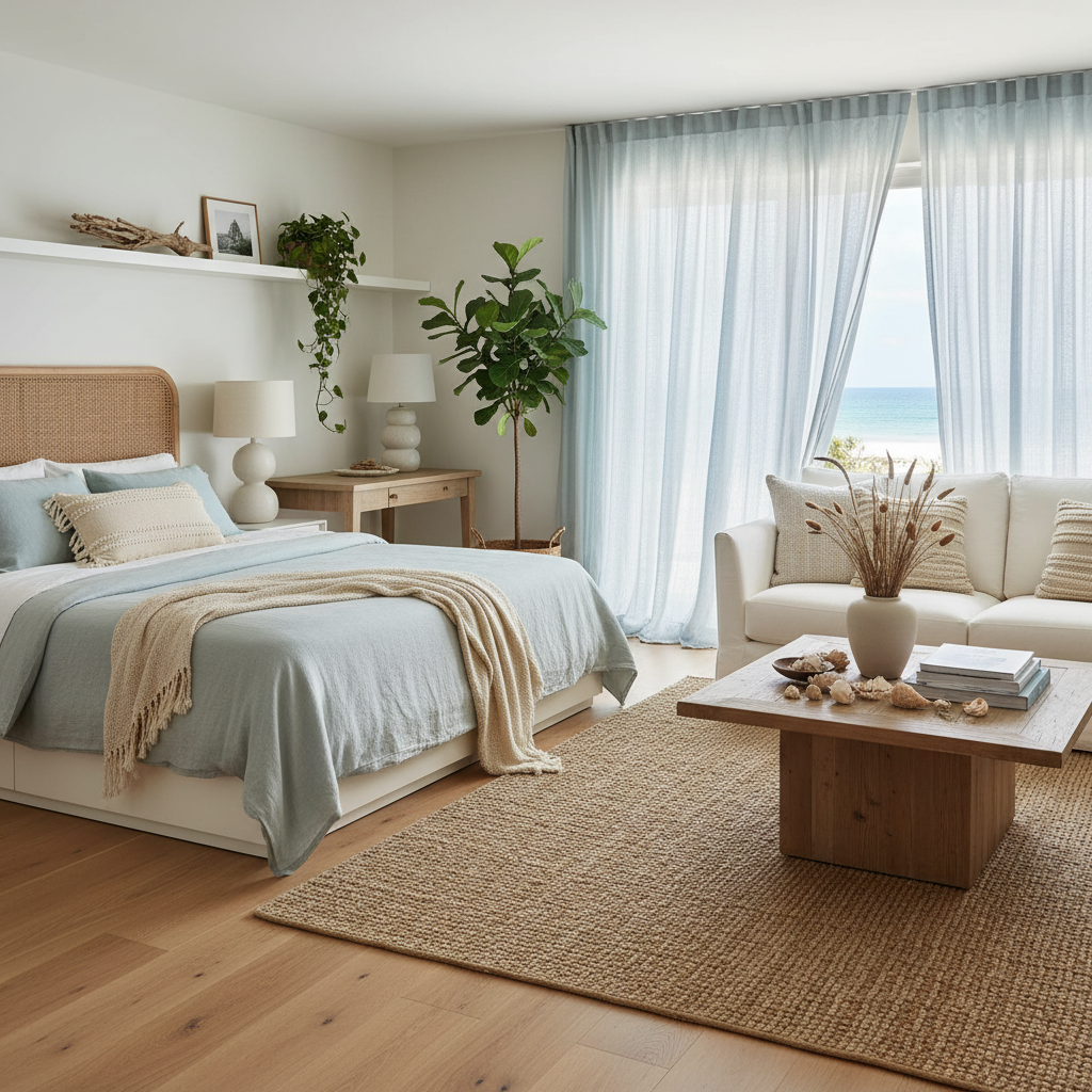 Example of a coastal studio interior design with soft colors and natural textures