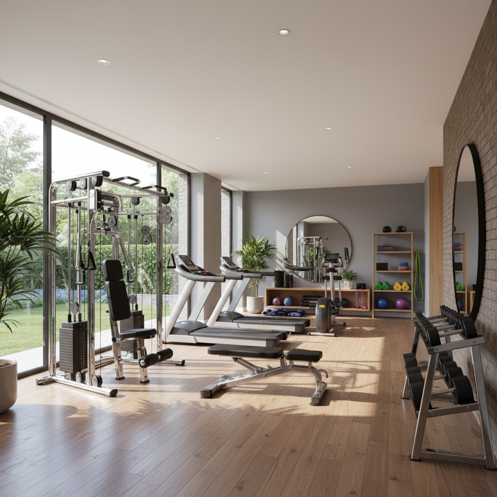 Showcase various gym equipment in a well-lit space.