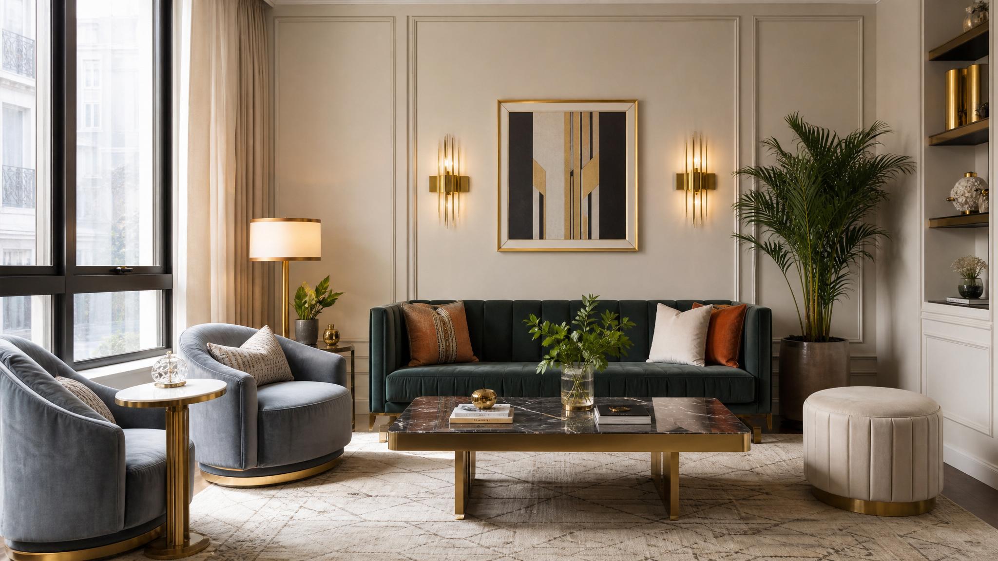 Visual examples of the color combinations in small Art Deco living rooms