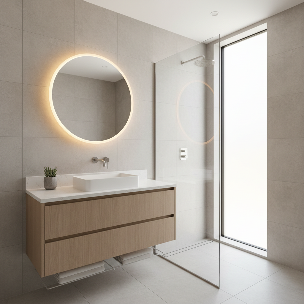A visually appealing minimalist bathroom design showcasing clean lines and neutral colors.