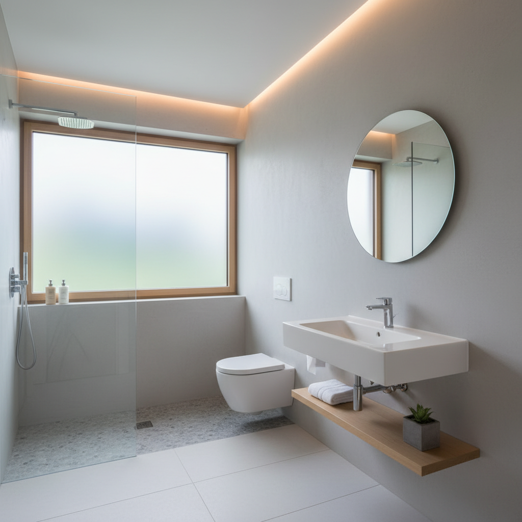 An example layout of a small minimalist bathroom designed with AI prompts.