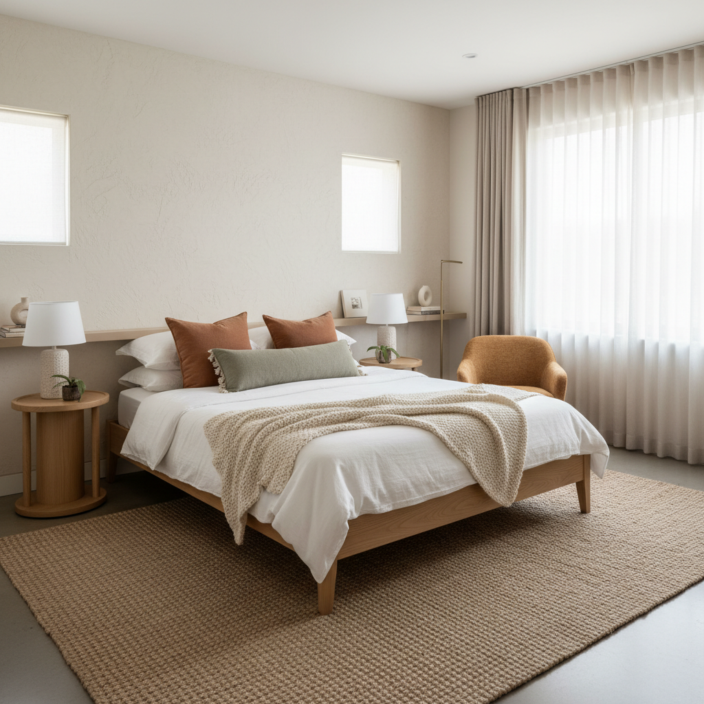 Show a cozy guest bedroom featuring warm minimalism
