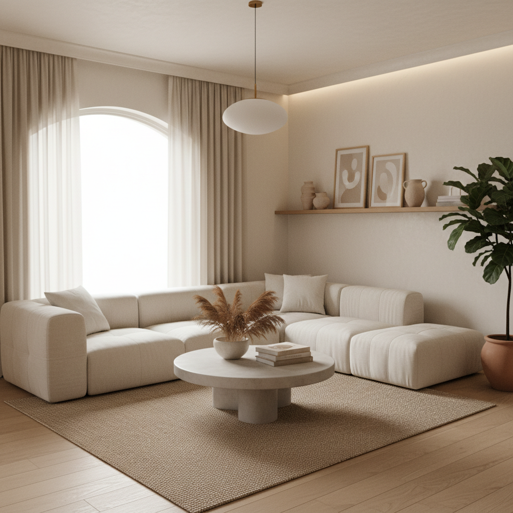Display a styled warm minimalist room generated via AI