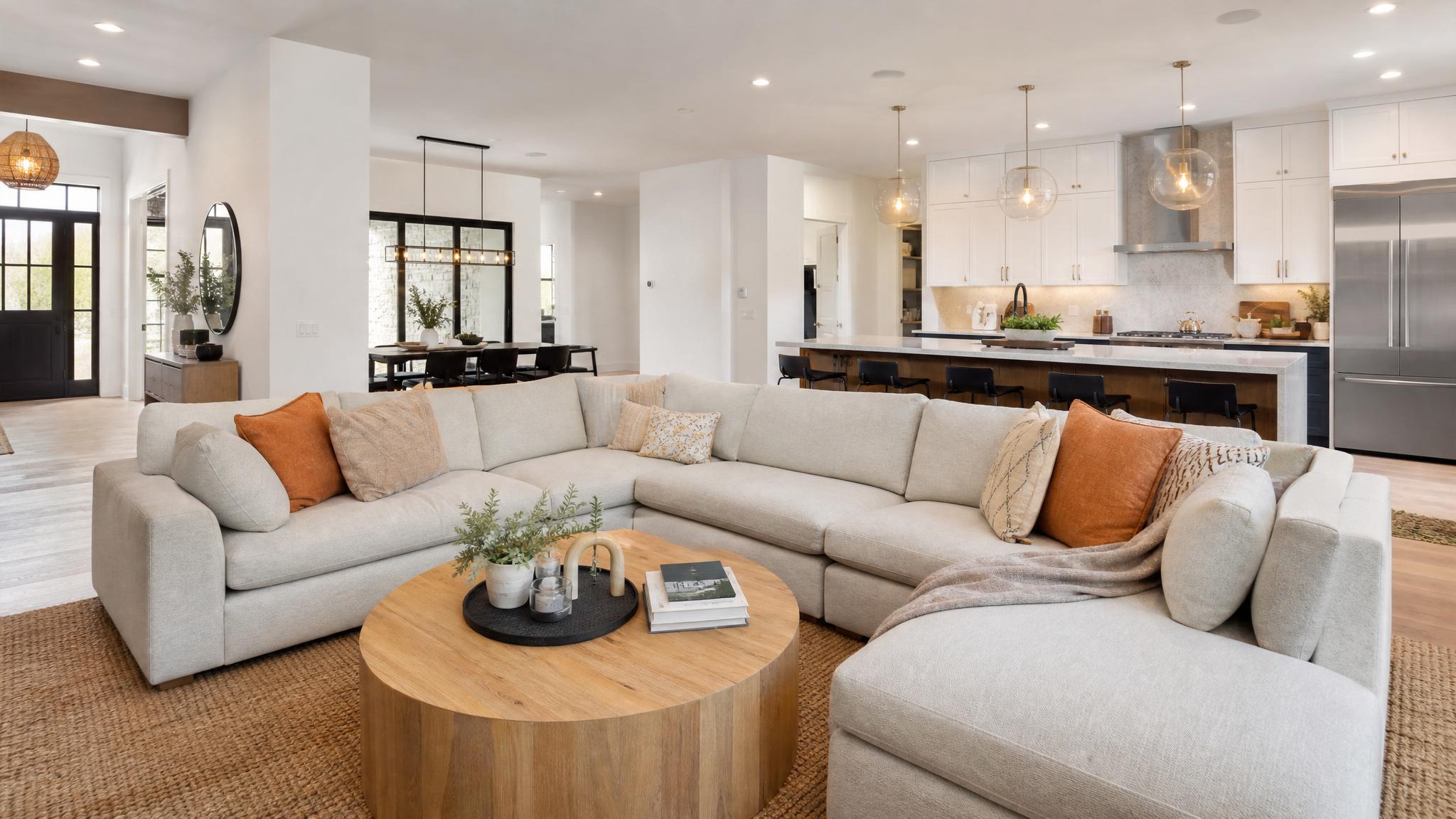 A lively open-plan living room designed for social interactions, featuring a large sectional sofa.