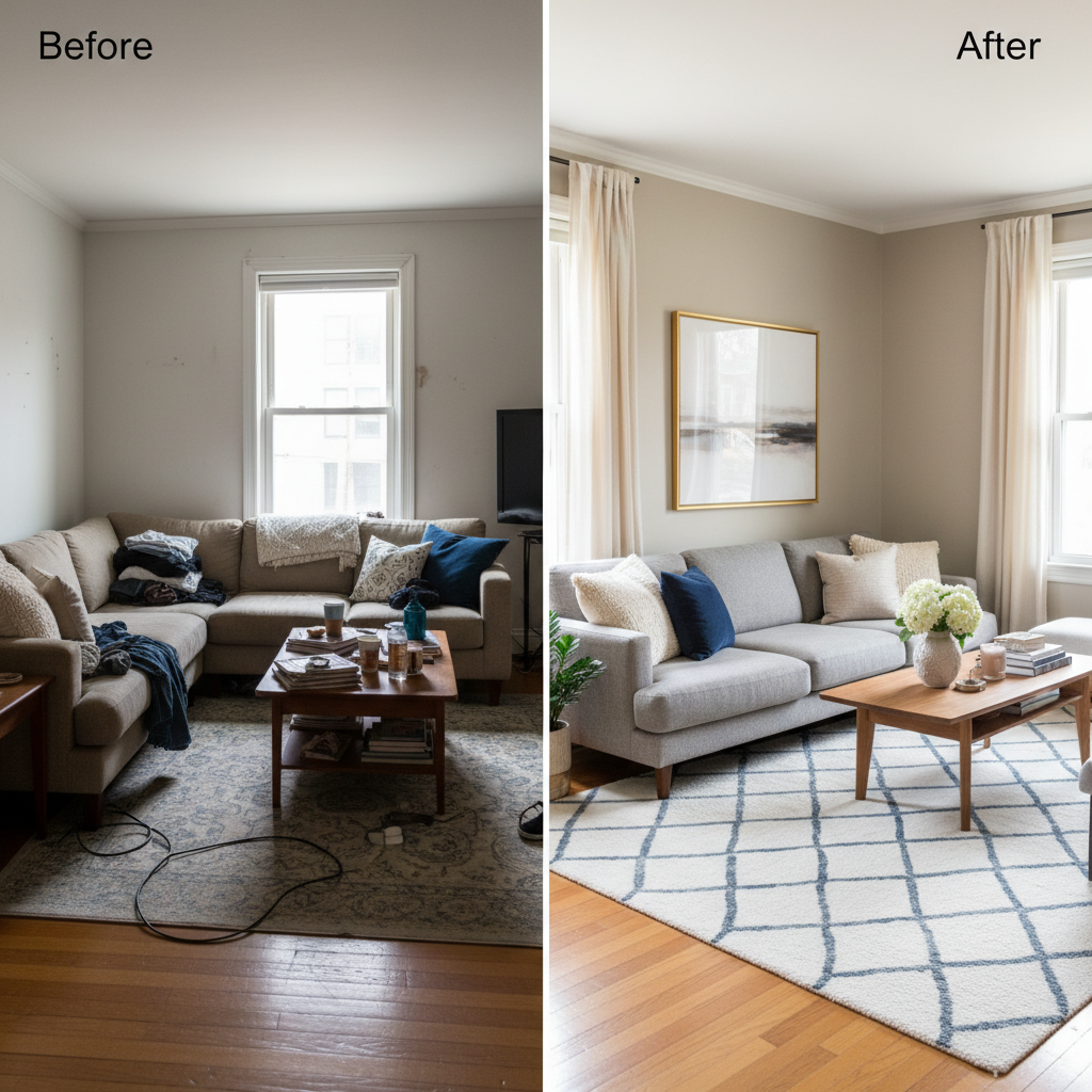 Before and after shots of a professionally staged room.