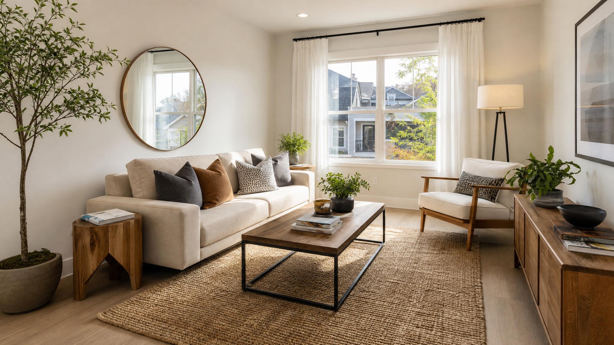 Professional photograph of a well-staged small living room with natural lighting.
