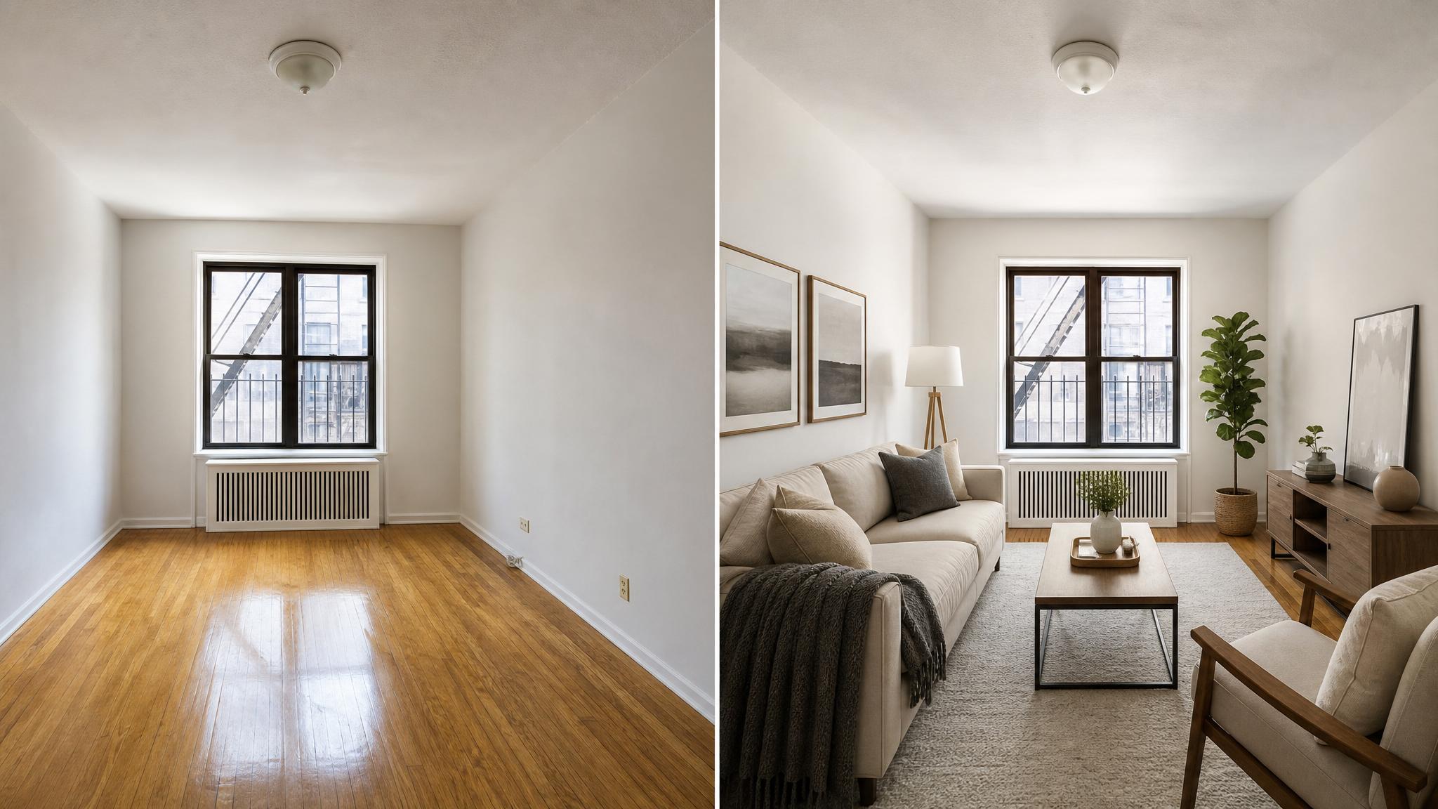 Before and after shots of an edited small living room photo.
