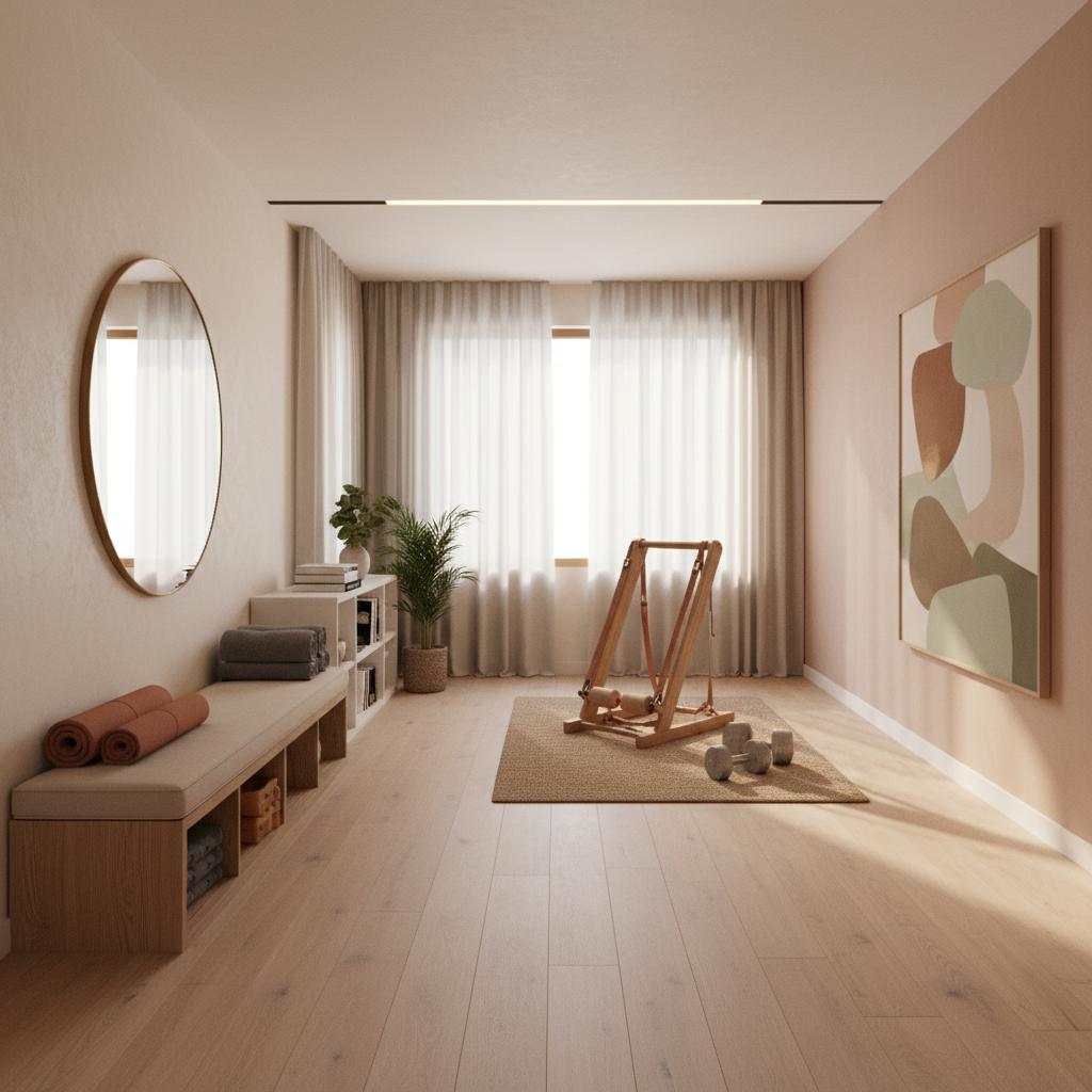 A warm minimalism home gym with clean lines and inviting colors.