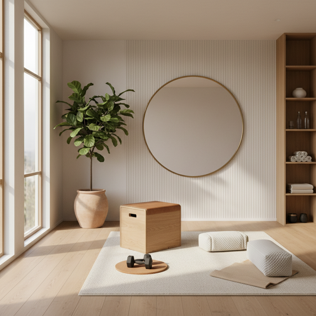 Cozy and inviting natural light in a warm minimalism home gym.